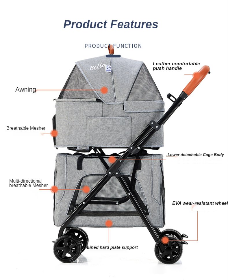 Portable Doublelayer Pet Stroller For Dogs And Cats Detachable Travel Carrier Kennel Ideal For Shopping - 3 Portable Doublelayer Pet Stroller For Dogs And Cats Detachable Travel Carrier Kennel Ideal For Shopping - 3